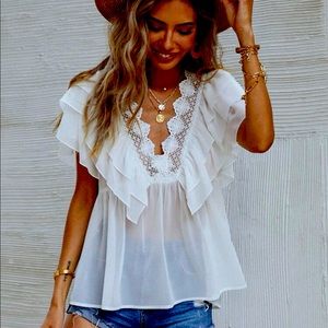 Guipure Lace Panel Ruffle Trim Blouse size M